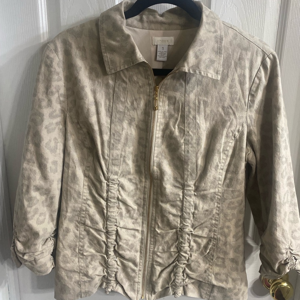 Chico's Cream Animal-Print Utility Zip Jacket